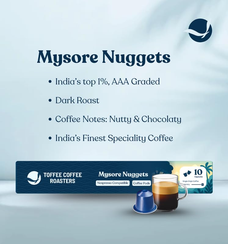 Image of Toffee Coffee Roasters |Mysore Nuggets Coffee Pods | Pack of 1 (10 Capsules)| Nespresso Compatible | AAA Speciality Grade | Notes: Nutty & Dark Chocolaty | Roast: Dark|