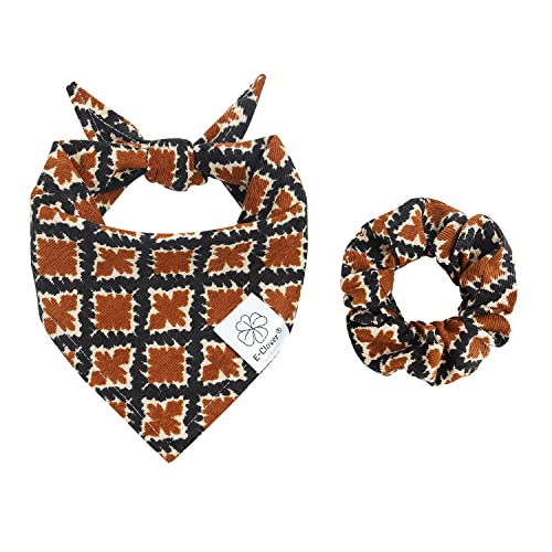 E-Clover Fall Dog Bandana & Matching Scrunchie Set Boy Dog Bandanas Triangle Dog Scarf Bib for Medium Large Dogs Owner Gifts Brown