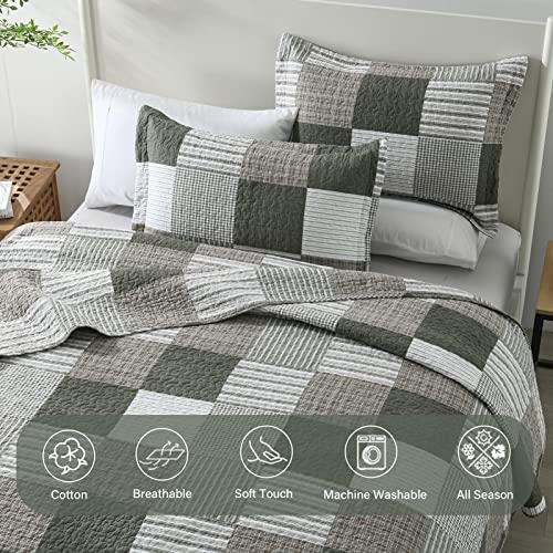 Image of Finlonte Quilts Queen Size - 100% Cotton Queen Comforter Set Green Moonbeam White Plaid Farmhouse Quilt Bedding Set, Reversible Lightweight Soft Bedspread, Quilted Coverlet All-Season, 3-Piece