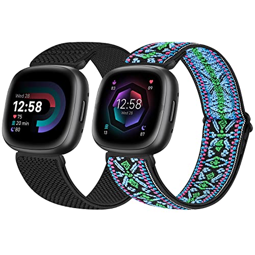 enkic 2 Pack Elastic Watch Strap compatível com Fitbit Versa 4/Fitbit Versa 3 Strap/Fitbit Sense 2/Fitbit Sense Strap, ajustável nylon Loop Sport Strap Stretchy Replacement Wristband for Men Women,