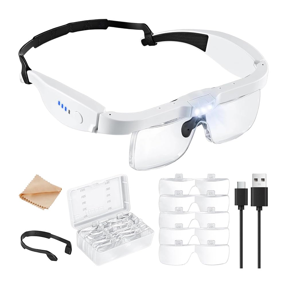 Vymlo Magnifying Glasses with 5 Lenses(0.75-4.0X) and 3 LED Lights, Magnifying Glass with Light, Headset Design