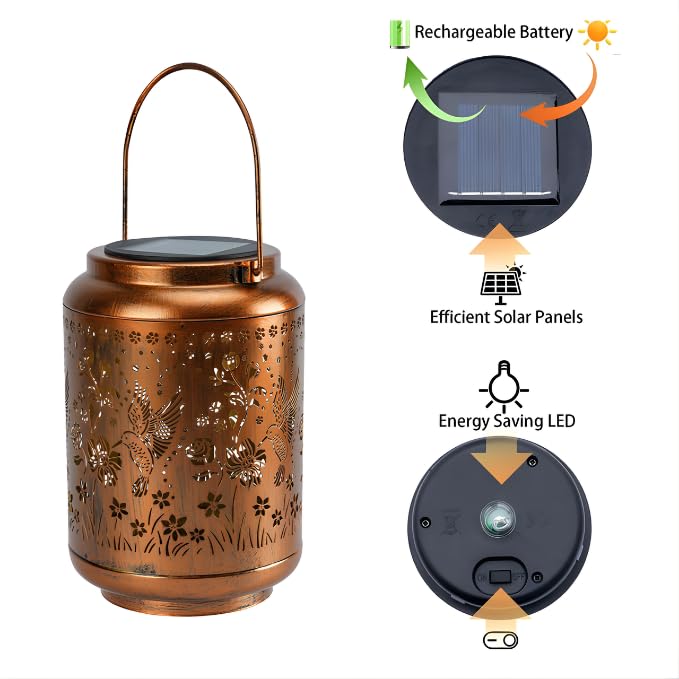 Image of Solar Hanging Lantern Outdoor Waterproof, Metal Jar Light with Hummingbird Floral Cut Design, Warm LED Decorative Garden Light for Balcony, Patio, Yard & Gift for Mothers Day (1)