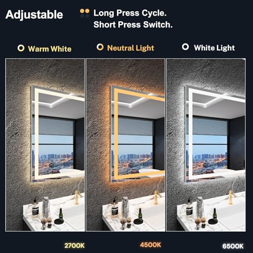 Image of LED Bathroom Mirror 42 inchx 30 inch, Front Lit and Backlit Mirror Bathroom with Lights,Stepless Dimmable,Anti-Fog, Shatter-Proof, Memory, 3 Colors Lighted Mirror (Horizontal /Vertical)