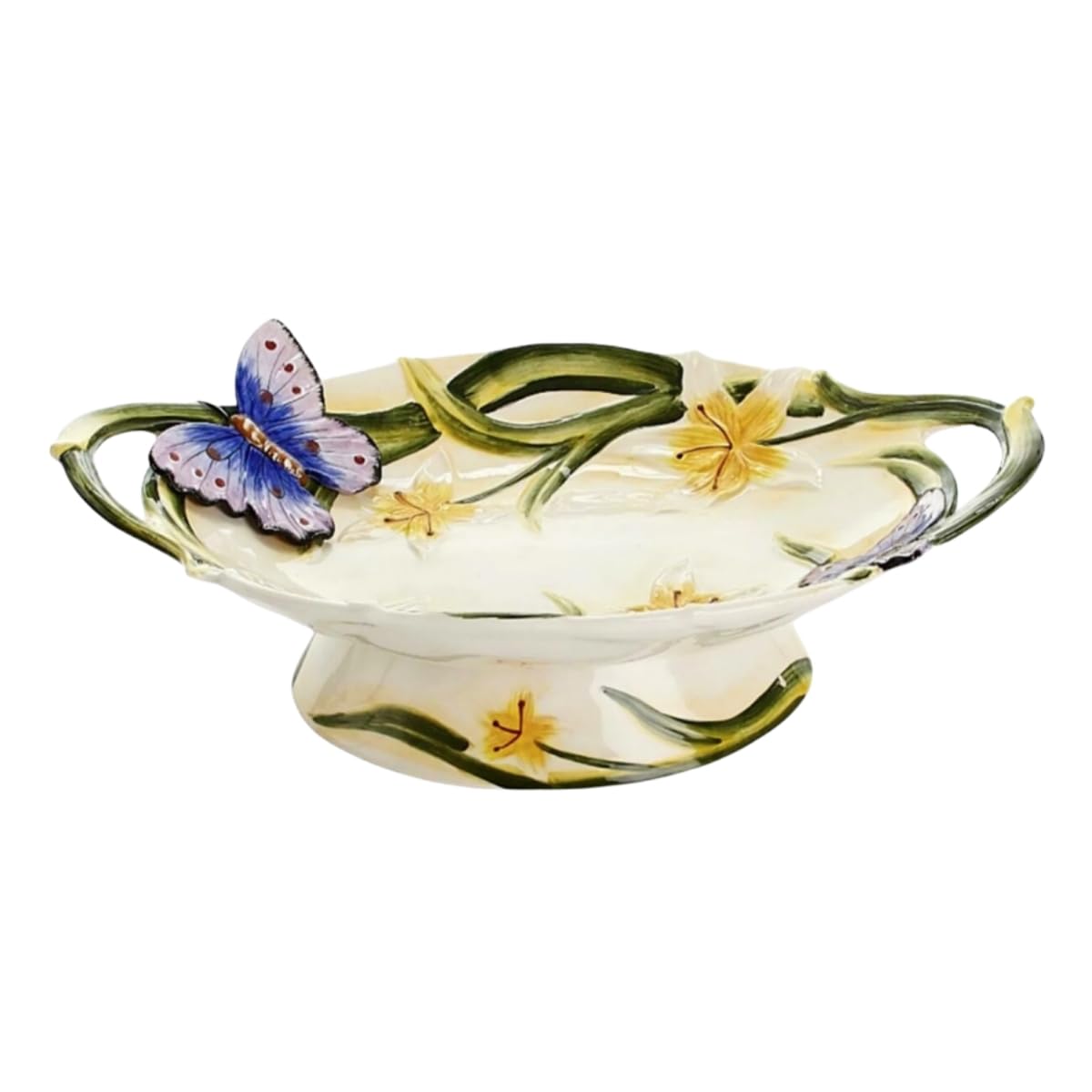 FORLONG Large Ceramic Tall Feet Fruit Bowl with Handle, 3D Hand painted Butterfly and Lily Design, Home Decoration Plate