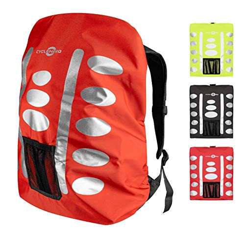 Regenschutz Rucksack (rot, 40-55L) Rucksack Überzug mit reflektierenden Elementen und Extra-Tasche - Wasserdichtes Regen Cover für viele Rucksack Größen (40L, 50L, 60L) Unisex Rucksackschutz Cover