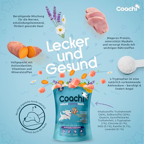Coachi Natürliche Entspannende Hundeleckerlis- Gesunde, Getreidefreie und Hypoallergene Leckerlis. Beruhigende Leckerlis für ängstliche Hunde. Geeignet für Welpen und Hunde ab 8 Wochen(Truthahn, 100g)
