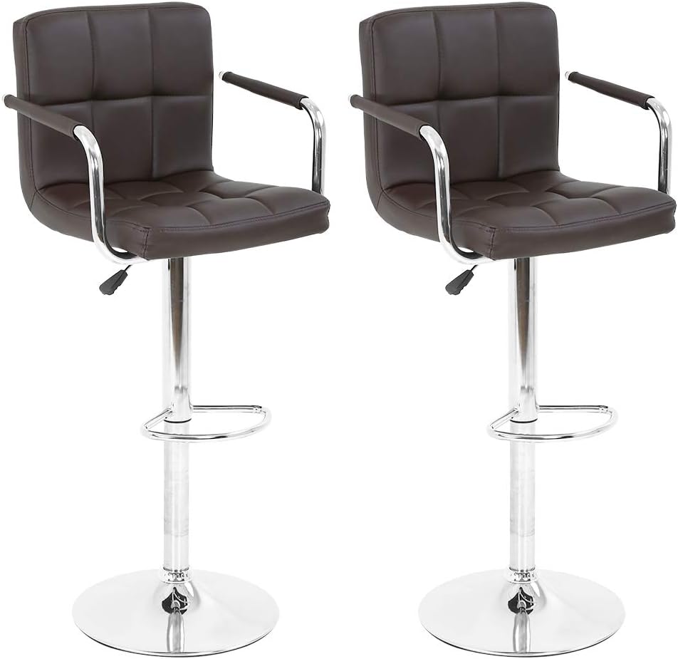 White Adjustable Swivel Leather Bar Stools with Chrome Base, Set of 2