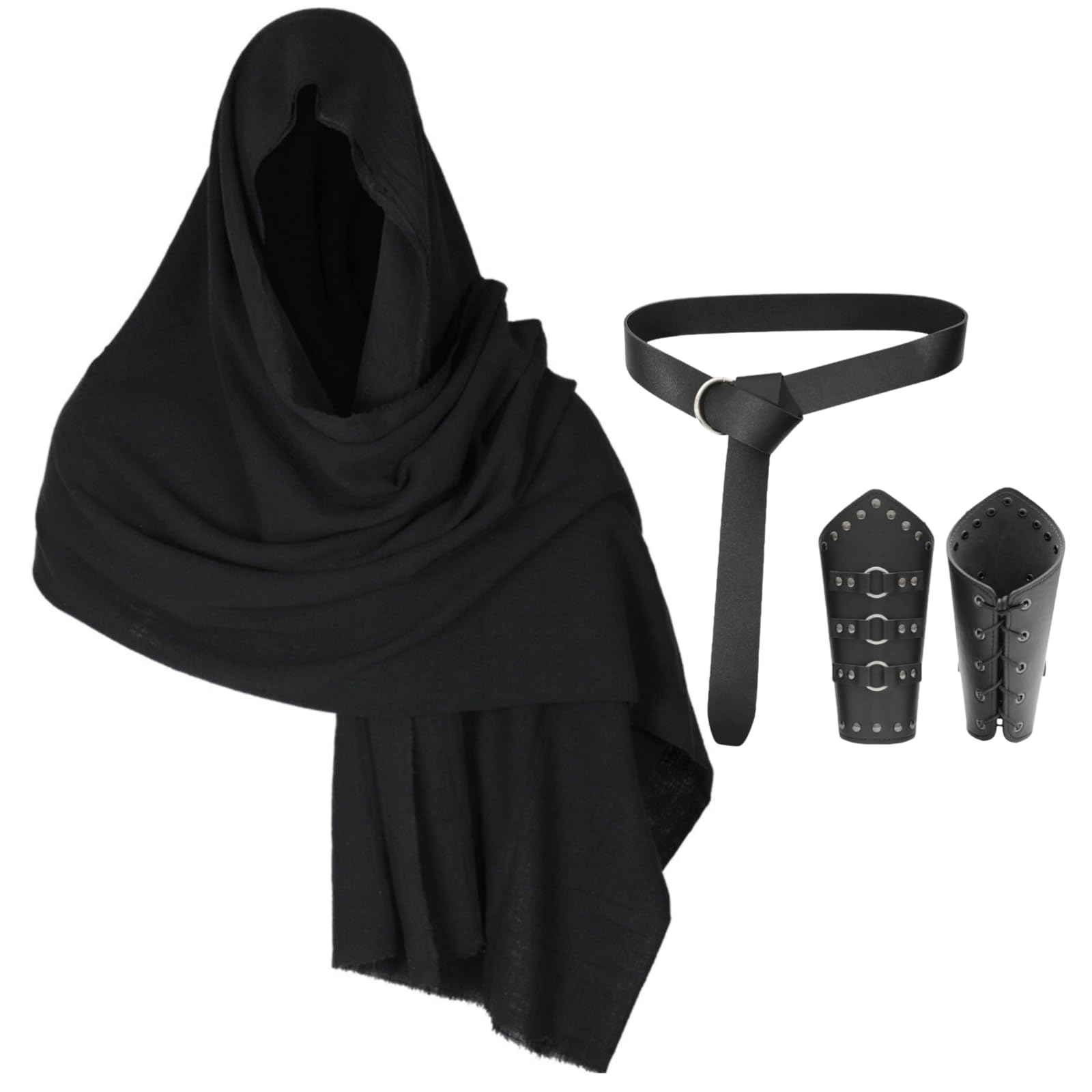 HAPNBCELE Men's Medieval Shawl Scarf Hood Cloak, Renaissance Cape with Belt Bracers Adjustable Scarf Halloween LARP Costume (Black, One Size)