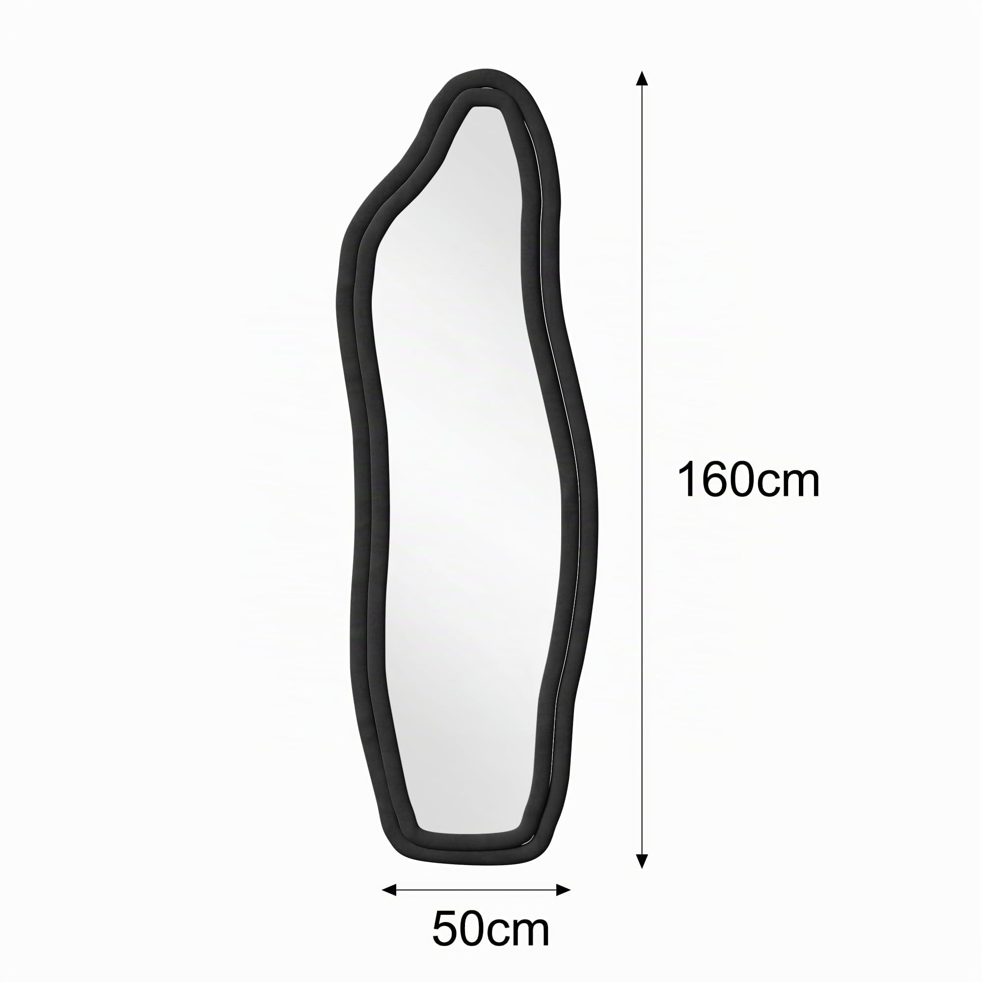 Specchio su irregolare,160x50cm,specchio a piena lunghezza,grande specchio da parete con cornice in velluto nero e supporto,da appendere,in piedi,inclinabile per camera da letto, soggiorno, ingresso