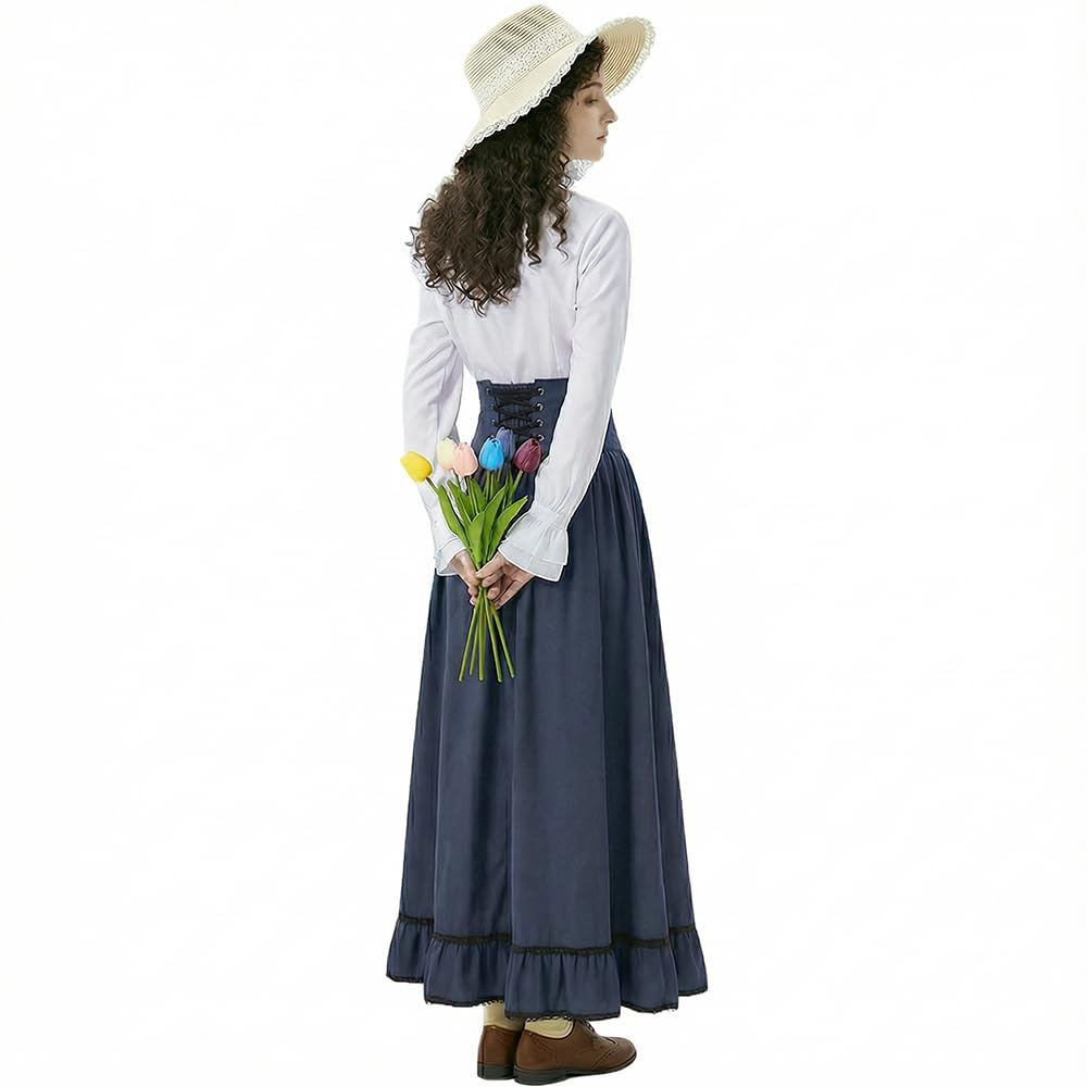 Robe française élégante à volants et manches ruchées – Costume médiéval féminin (Chemisier + Jupe vintage haute taille) – Ensemble Business Casual pour Femme – Jupe mi-longue de bureau et haut élégant