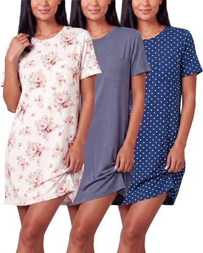 Image of Real Essentials 3 Pack: Women's Short Sleeve Nightgown Dress - Nightshirt Pajama Sleep Shirt Sleepwear (Available In Plus)