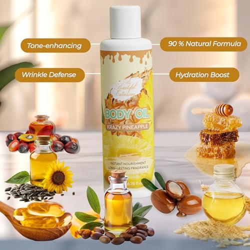 Image of Body oil designed for Deep Hydration to nourish, protect, and rejuvenate the skin while leaving it with a soft, radiant glow and a pineapple scent long -lasting fragrance jojoba oil and more 6.76oz