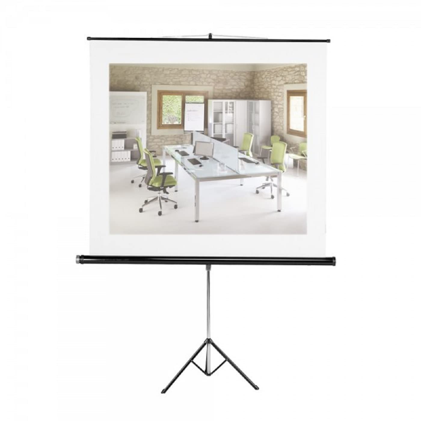 Pantalla de Proyección Enrollable, Fabricada en Tela Anti-Reflejante con Soporte Trípode Fabricado en Aluminio Lacado. Medida Area Proyección 155cm x 155cm. 200-250CM Altura