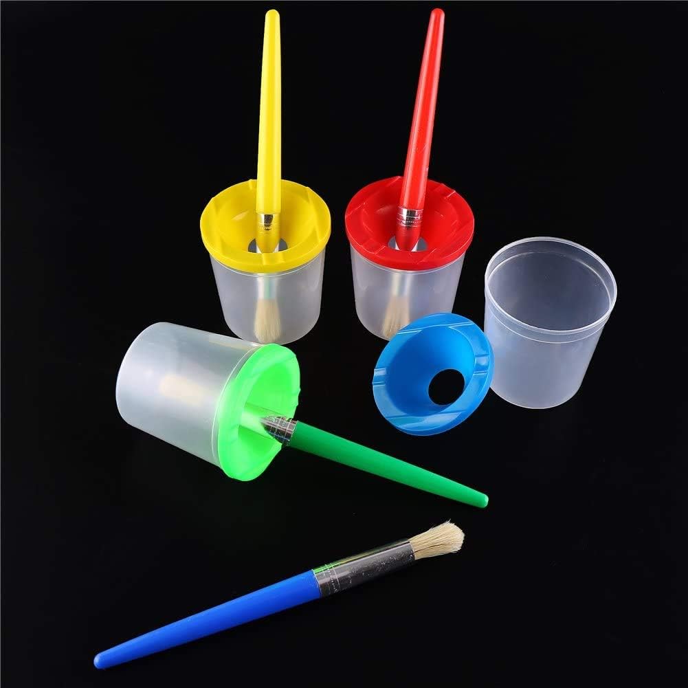 DIYASY 4 Pcs Kids No Spill Paint Cups and 4 Round Paint Brushes 4 Colors Spill Proof Paint Cups for Children' Art Class and Home. - Image 6