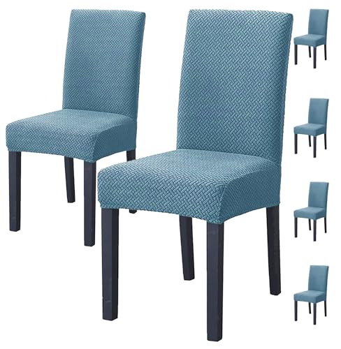 Image of House of Quirk Elastic Jacquard Chair Cover Stretch Removable Washable Short Dining Chair Cover Protector Seat Slipcover (Pack of 6, Sky Blue)