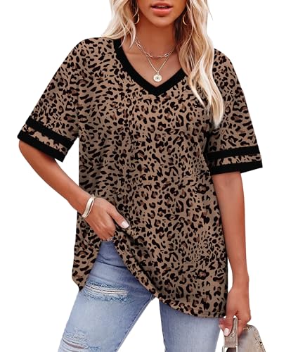 Image of WIHOLL Womens T Shirts Loose Fit Short Sleeve Tees V Neck Color Block Summer Tops 2026 Fashion S-4XL