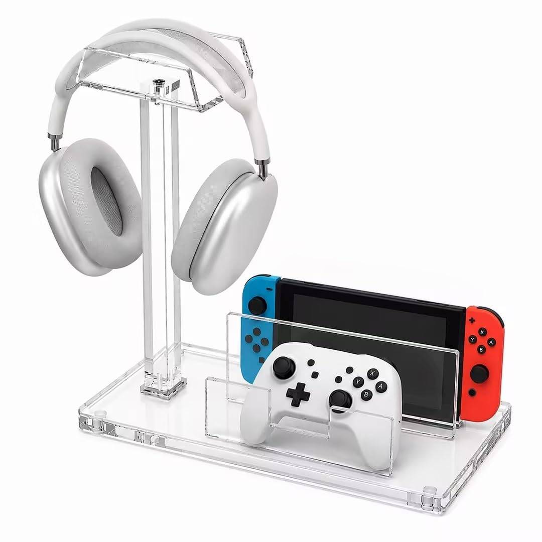 Supporto per cuffie da scrivania in acrilico, supporto per accessori 3 in 1, universale, per tutte le cuffie da gioco musicali, PS5, PS4, Xbox, Switch, perfetto per giochi a casa e ufficio