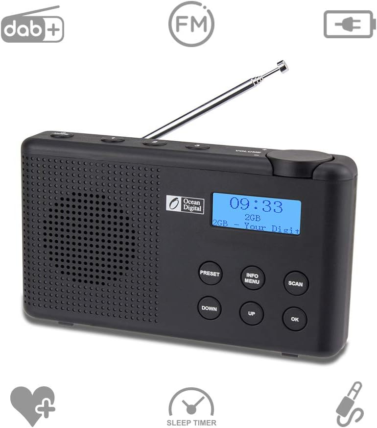 Front view of the Ocean Digital DK23 radio, showing the speaker, display, and control buttons.