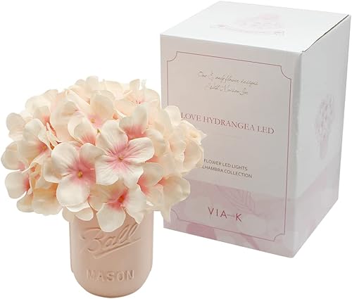 Mongceil Hortensia LED luces de estado de ánimo, lámpara de noche de metal flor decoración interior iluminación dormitorio lámpara de mesa (rosa)