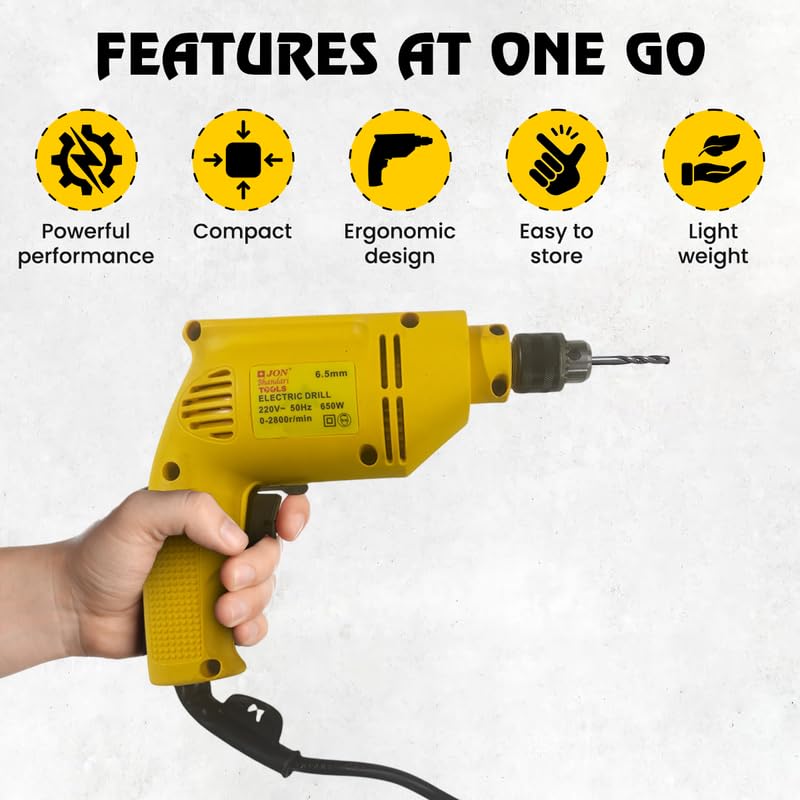 Image of Jon Bhandari Tools Corded Electric Drill Machine - 6.5mm, 650W, 2800RPM, 220V | Variable Speed & Reverse Function | Compact Heavy Duty Power Tool for Wood, Metal, Masonry & DIY Projects
