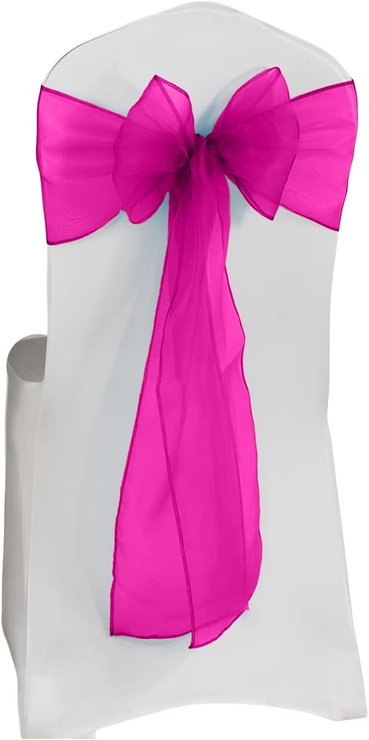 Elegant Event Essentials – Set of 100 - Organza Chair Tie Sashes - Wider Fuller Cover for Wedding Decorations, Birthday, Banquets & Party Events - Chair Cover Sheer Bows, Ribbon - Fushia
