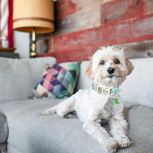 Image of Dog Collar-Blue Pink Dinosaur Print Adjustable Pet Collars Soft Comfortable Puppy Collar Cute Cotton Collars Durable Gift for Large Dogs
