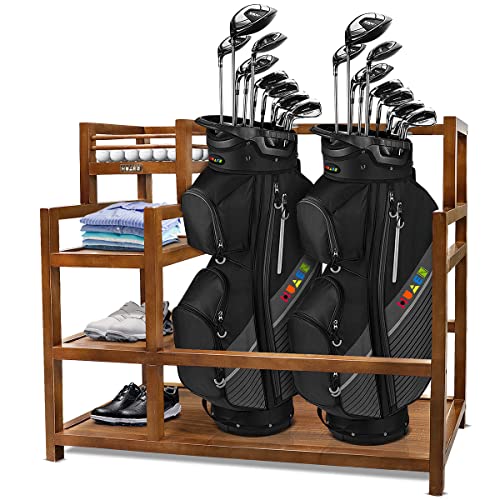 Huaen Wooden Golf Storage Garage Organizer - Golf Bag Storage Rack For Garage Golf Bag Stand For 2 Golf Bags Golf Equipment Accessories Ideal For Garages Clubhouses Sheds Basements #TOP3