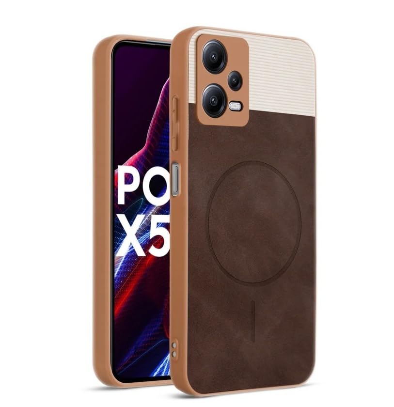 Image of Bintage CASE Dual-Leather Mac Safe Design Phone Case| Soft Touch Finish | Full Camera Protectection Back Cover Compatible for Poco X5 Pro 5G - White & Choco Brown