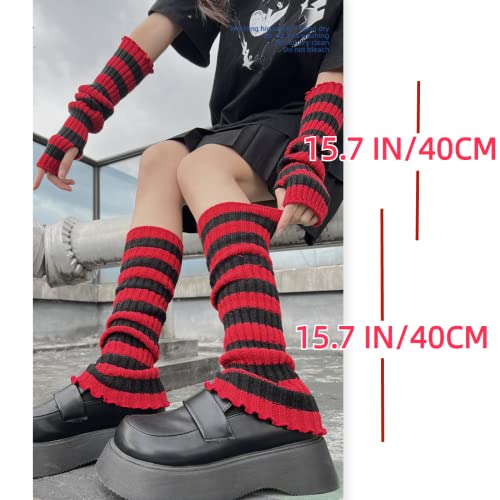 Womens Leg Socks Arm Sleeve Red-Black Stripe Knit Y2K Arm Warmers Gloves Leg Warmer Socks 80s Outfit for Women Party(2 Pairs)2