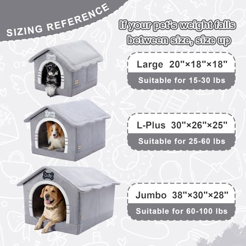 Jiupety Hundehöhle Hundehütte Indoor mit Rahmen, Gemütliche Hundehaus für Drinnen, Hundebett mit Dach für 11-27 kg, 2XL Größe 76x66x64 cm, Grey