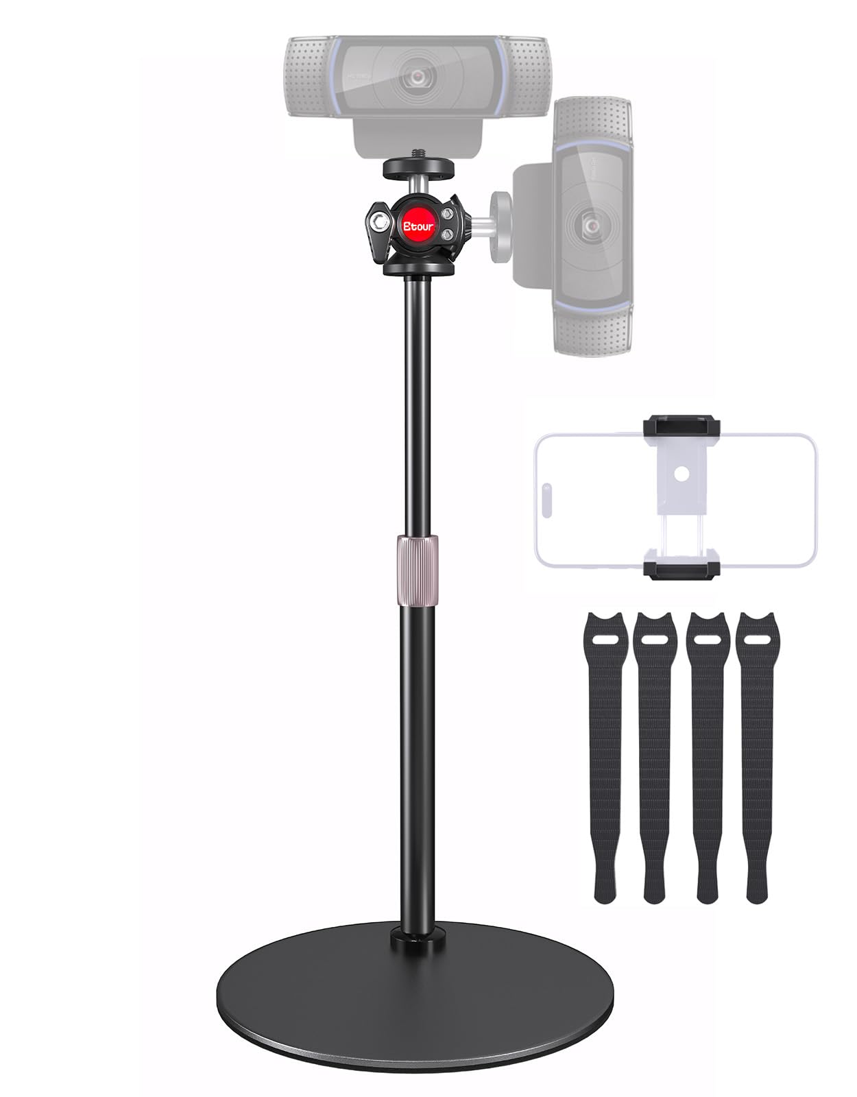 Etour Webcam-Ständer für Schreibtisch, mit 360°-Kugelkopf, schwere Basis, höhenverstellbar, Webcam-Stativ für Logitech Webcam C922 C930e C920 C615 C960 C920x BRIO 4K NexiGo N60, Telefonhalterung
