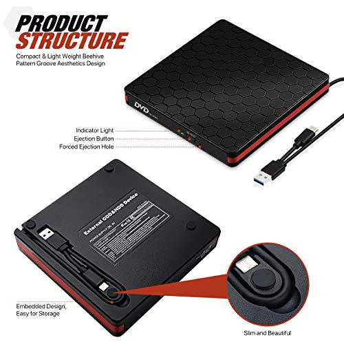 External CD/DVD Drive USB 3.0 Type-C Portable R/W Optical Drive Slim CD DVD Burner Recorder CD ROM for Laptop/MacBook/Desktop/MacOS/Windows10/8/7 (#Black)