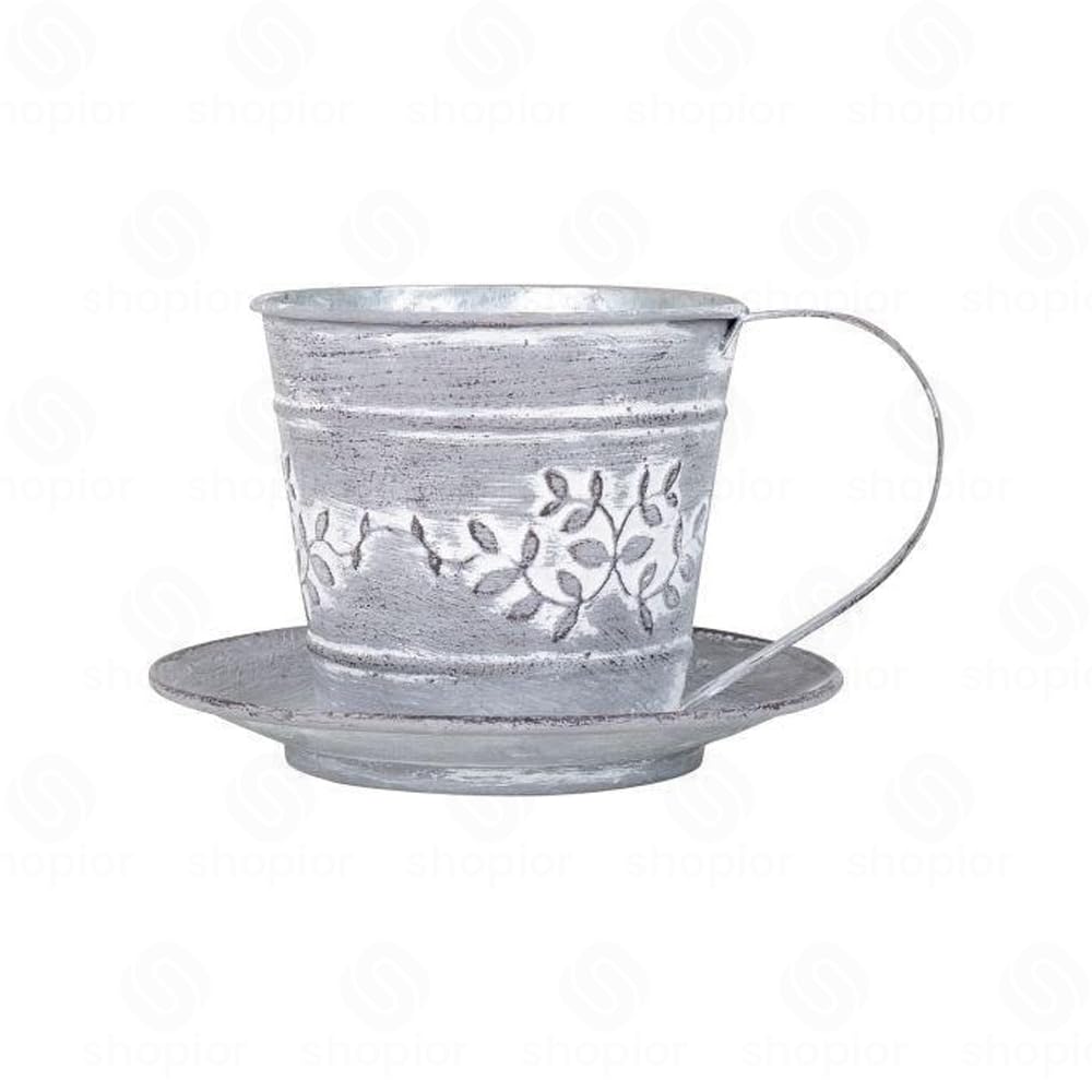 shopior Embossed Leafy Vine Design Tin Trough, Pail, Bowl, WateringCan and Teacup – Zinc Oval Galvanised Metal Planter | Rustic Grey Decorative Indoor Outdoor Plant Pot (Tin Teacup-15cm-Grey-Pack 1)