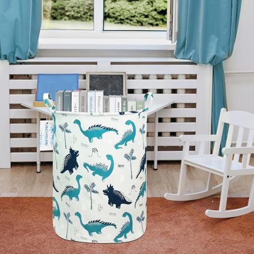 Image of Round Laundry Basket Collapsible Storage Hamper Organizer Full Dinosaur | Waterproof Canvas Foldable Baskets with sturdy Handles Multi-scene Organizer for Home Play Bedroom Gift Bin
