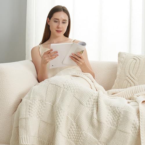 Amélie Home Checkered Chenille Knit Throw Blanket for Couch, Classic Texture Decorative Soft Blanket for Sofa, Chair & Bedroom, 60"x80", Ivory