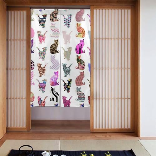 のれん カラフル 猫柄 ネコ 暖簾 間仕切り 遮光 ロング ドアカーテン 壁飾り 部屋 仕切りキッチン 目隠し 和風のれん 玄関 階段カーテン キッチン リビング 洗面所 台所 浴室 出入口 引越し祝い 新築祝い 143*86cm