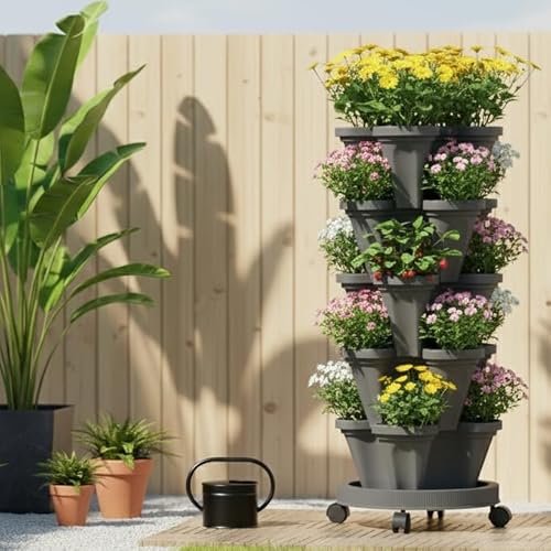 Green Fingers Vertical Planter 5 Tier Stackable Planters Raised Garden Beds Strawberry Herb Flower and Vegetable Planter Indoor Outdoor Gardening Pots with Removable Wheels