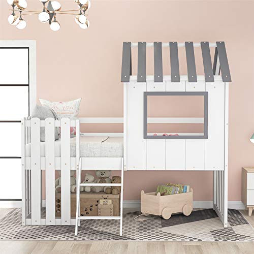 Harper & Bright Designs House Bed Loft Bed Twin Size, Low Loft Bed with Roof and Rustic Fence-Shaped Guardrail, Solid Wood, No Box Spring Needed,White