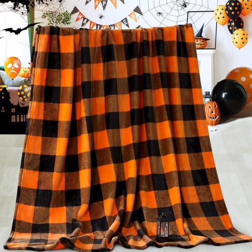 Touchat Halloween Blanket, Fleece Throw Blankets, Buffalo Plaid Throw Blanket for Couch Sofa Bed, Soft Warm Fuzzy Cozy Plush Checkered Blanket, Farmhouse Fall Decor, Orange and Black