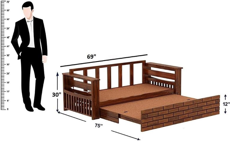 Image of Solid Sheesham Wood Sofa Cum Bed 3 Seater | Wooden Foldable Double Bed for Living Room with Headboard & Storage | Bed Cum Sofa with Mattress for Bedroom Furniture (Honey Finish)