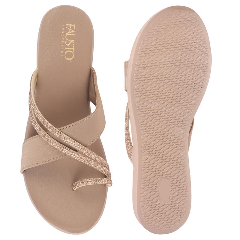 Image of FAUSTO Women Embellished Shimmery Cross Strap Toe Ring Wedding Slip On Slippers | Soft Cushioned Footbed Wedge Sandals | Party, Mehndi, Festive