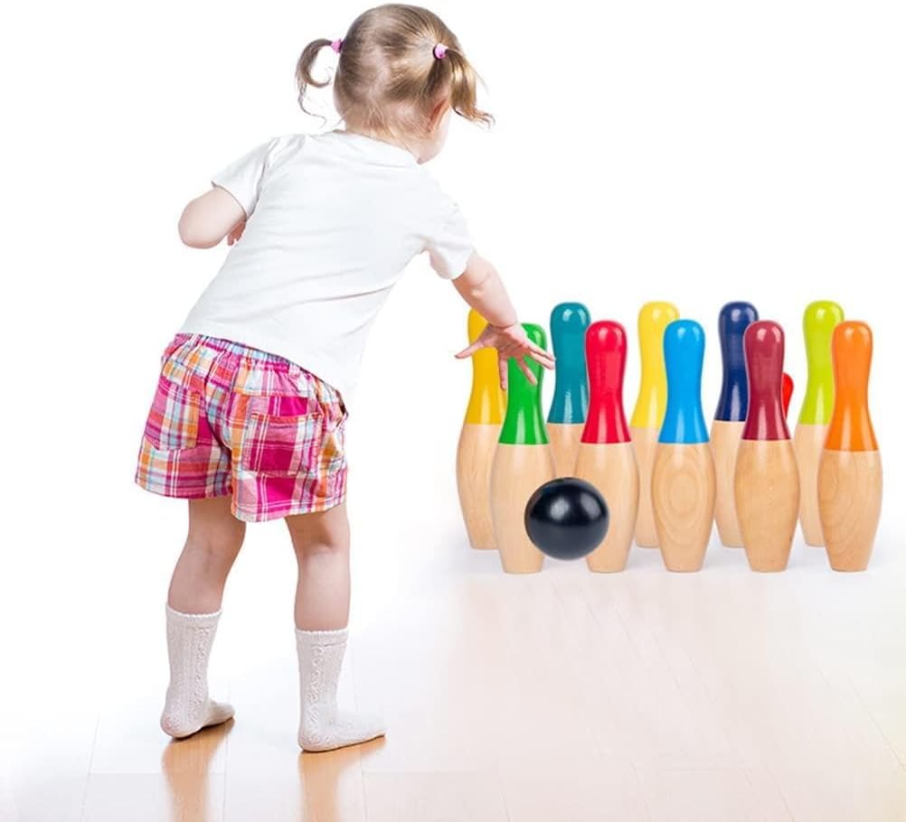 SUNGOOYUE Wooden Bowling Game Set, 10 Pins 3 Balls with Mesh Bag for Kids Adults, Indoor Outdoor Garden Game for Developing Motor Skills and Hand Eye Coordination