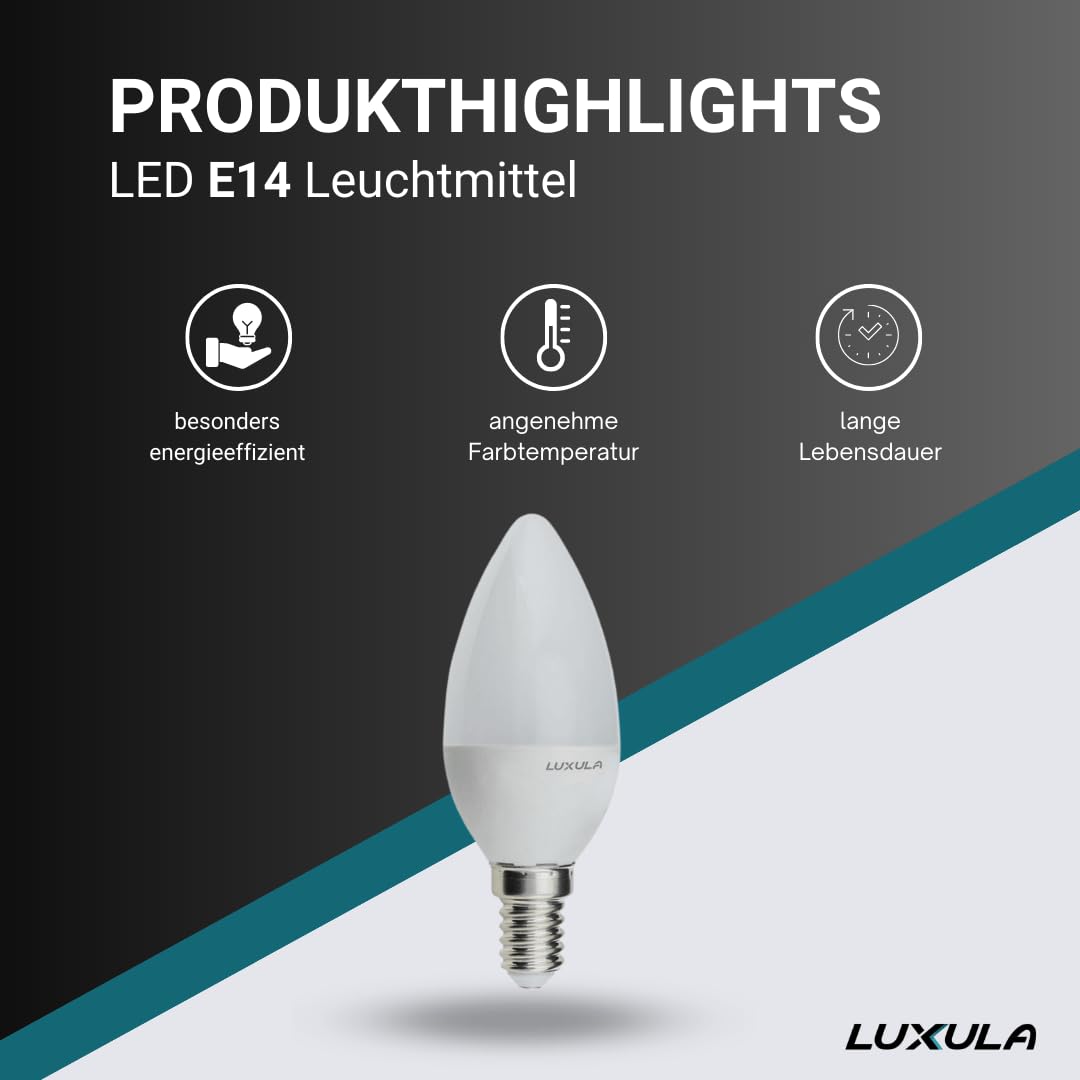 LUXULA E14 LED Leuchtmittel Kerzenform B37 100 Stück - 5W 436lm 2700K warmweiß, Kerzenbirne E14 ersetzt 50W Glühbirne Kerze, LED Kerzenlampe für Kronleuchter, Wandlampen und dekorative Beleuchtung