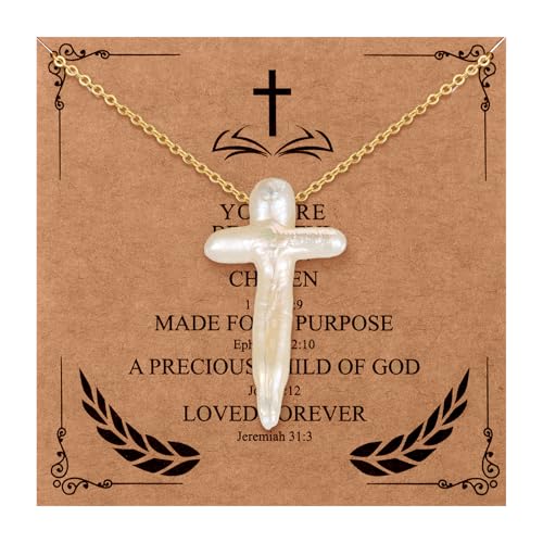 Highergo 2 Pcs Nature Pearl Cross Necklace for Women Big Chunky Pearl Cross Necklace Nature Freshwater - Main Image