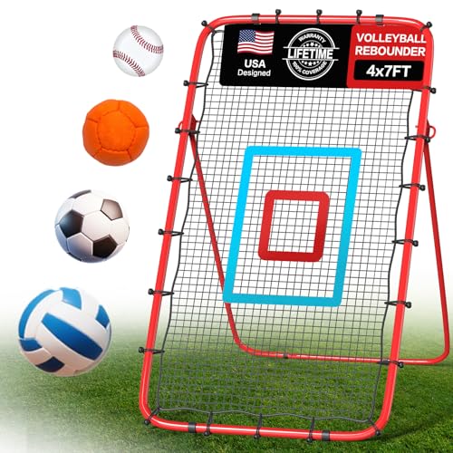 Volleyball Rebounder Net 7x4 Ft with Portable Travel Bag, 5-Angle Adjustable Rebounder Net for Practicing Digging, Setting, Spiking, Bounce Back Training Equipment with 2 Target Stripes & 4 Sand Bags