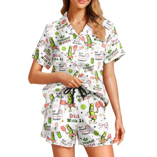 Image of Funny Satin Pajamas Set for Women Button Down Sleepwear Print Pjs Set 2 Piece Short Sleeve Loungewear Gift for Women