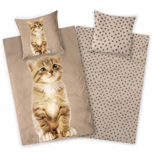 Aminata kids - Katzen Bettwäsche 135x200 Biber Winter - Katzenmotiv - Kinder-Bettwäsche warm - weich - kuschelig - braun mit Pfoten