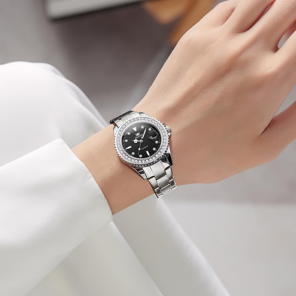 OLEVS Orologio da polso da donna, elegante, con datario, numeri romani, in acciaio inox, con quadrante rosa/argento/blu, impermeabile e luminoso
