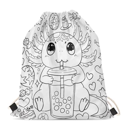 Fkwergsy Axolotl DIY Coloring Drawstring Backpack for Kids Ages 4-12, Color Your Own Soccer Drawstring Bag Crafts with 8 Pcs Markers4