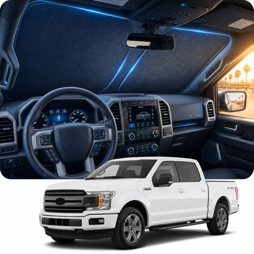 [2026 Upgraded] DooGooCoo Windshield Sun Shade for Ford F150 F250 F350 F450 2015-2019 2020 [Cooling Ice-Crystal 100% Sun Block] Sunshade for Car Windshield for Truck F150 Sun Shade Custom for F-150
